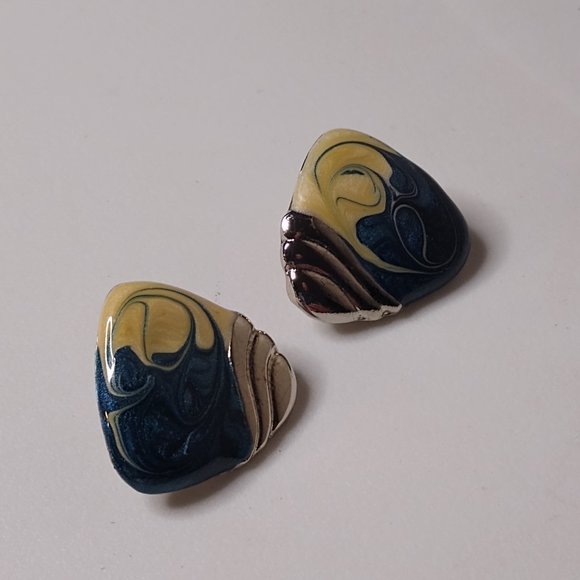 Vintage Blue And Cream Triangular Stud Earrings - Picture 5 of 13